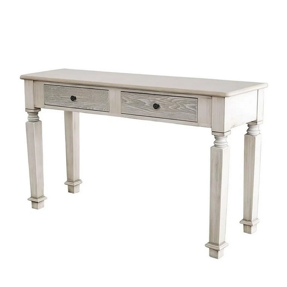 Spacious Wooden Sofa Table with Carved Turned Legs, Antique White