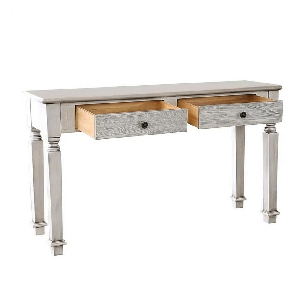 Spacious Wooden Sofa Table with Carved Turned Legs, Antique White