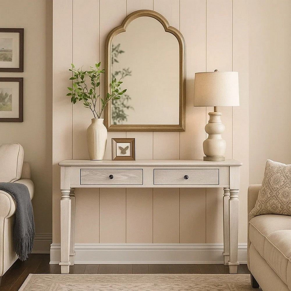 Spacious Wooden Sofa Table with Carved Turned Legs, Antique White