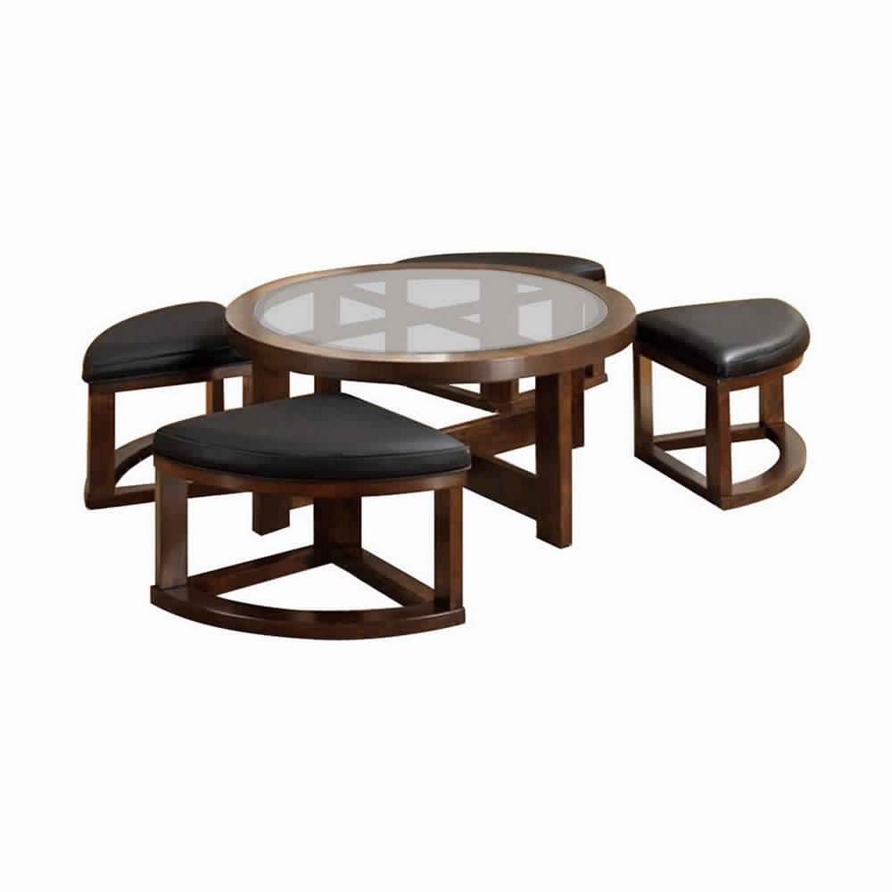 Round Wooden Coffee Table With Stylish Wedge Shaped 4 Ottomans - BM172710