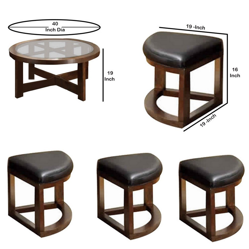 Round Wooden Coffee Table With Stylish Wedge Shaped 4 Ottomans - BM172710