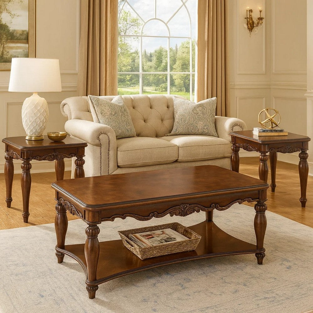 Benjara Wooden Coffee & End Tables Set, Cherry Brown, Pack of 3