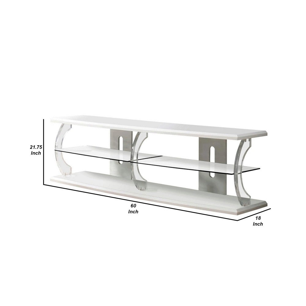 60" Wooden TV Stand With Spacious Glass Shelf, White And Clear - FOA-CM5901WH-TV-60