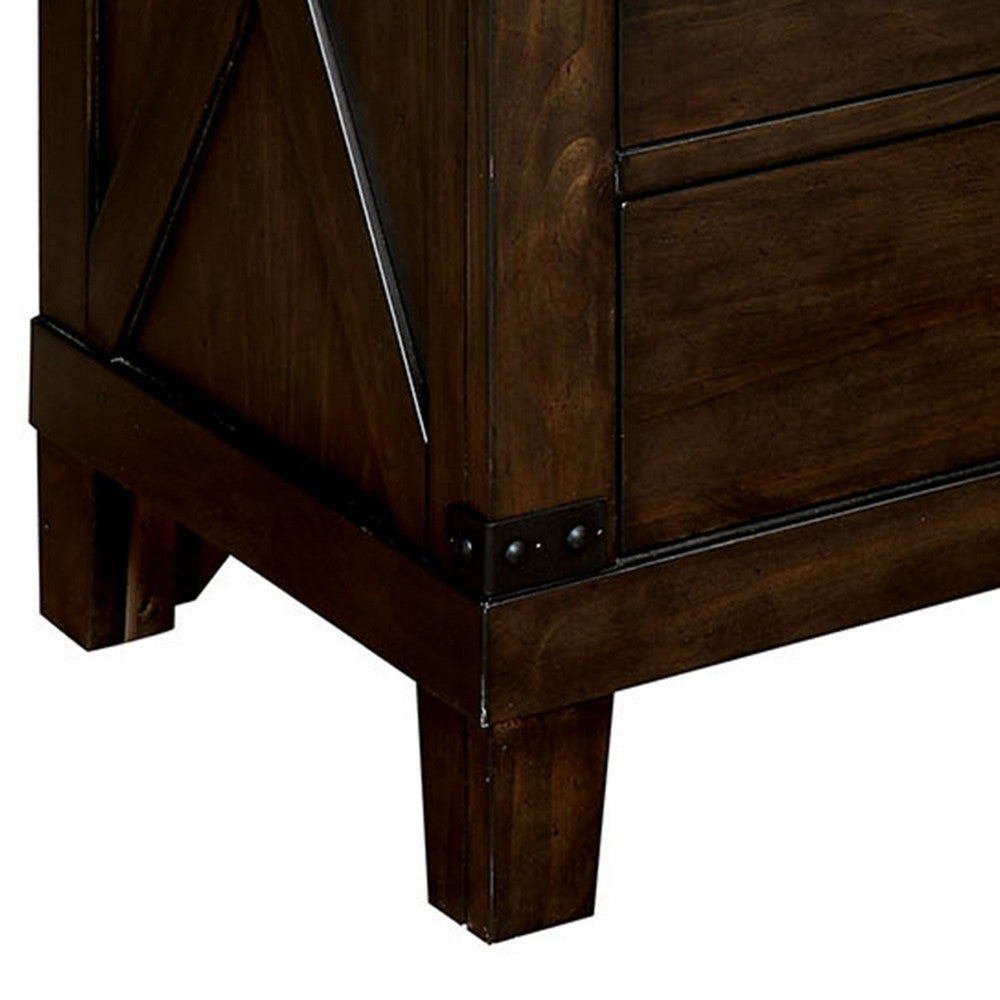 Three Drawer Nightstand with Metal Handle And Crossed Planked Side Panels, Brown - FOA-CM7734N