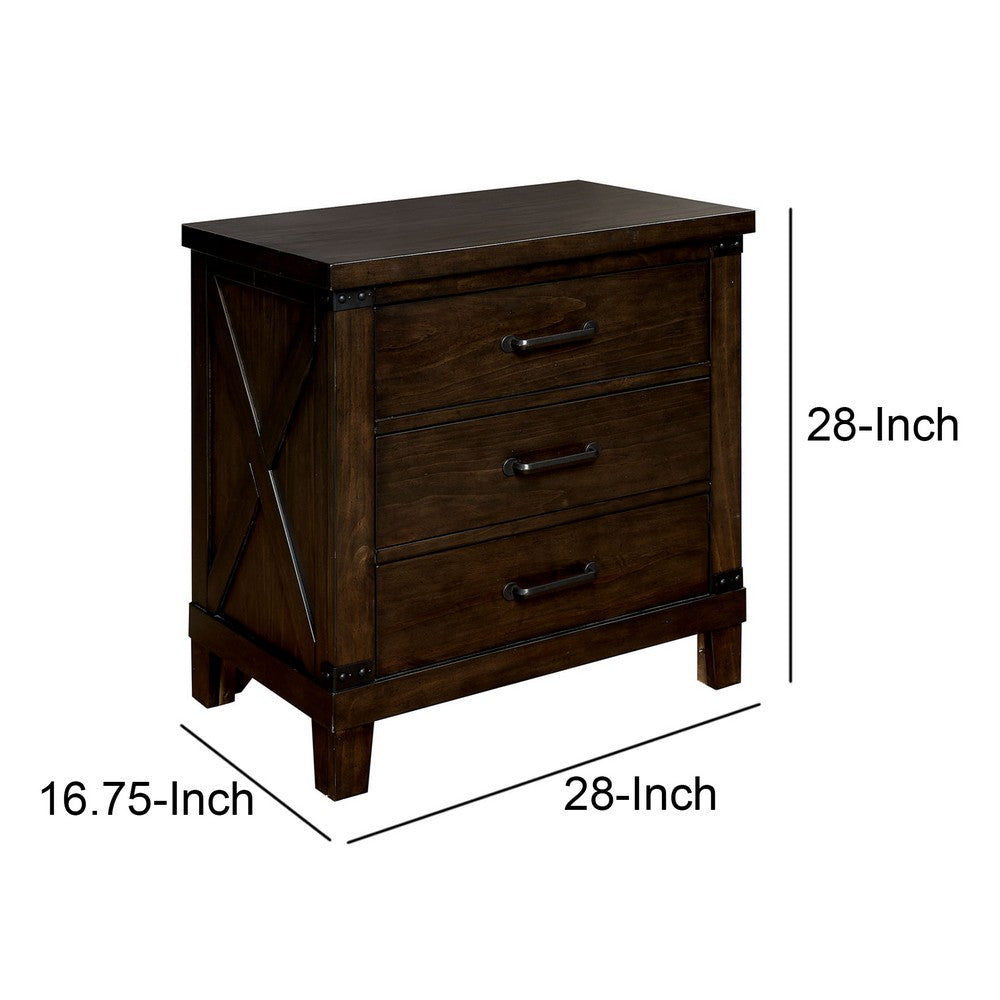 Three Drawer Nightstand with Metal Handle And Crossed Planked Side Panels, Brown - FOA-CM7734N