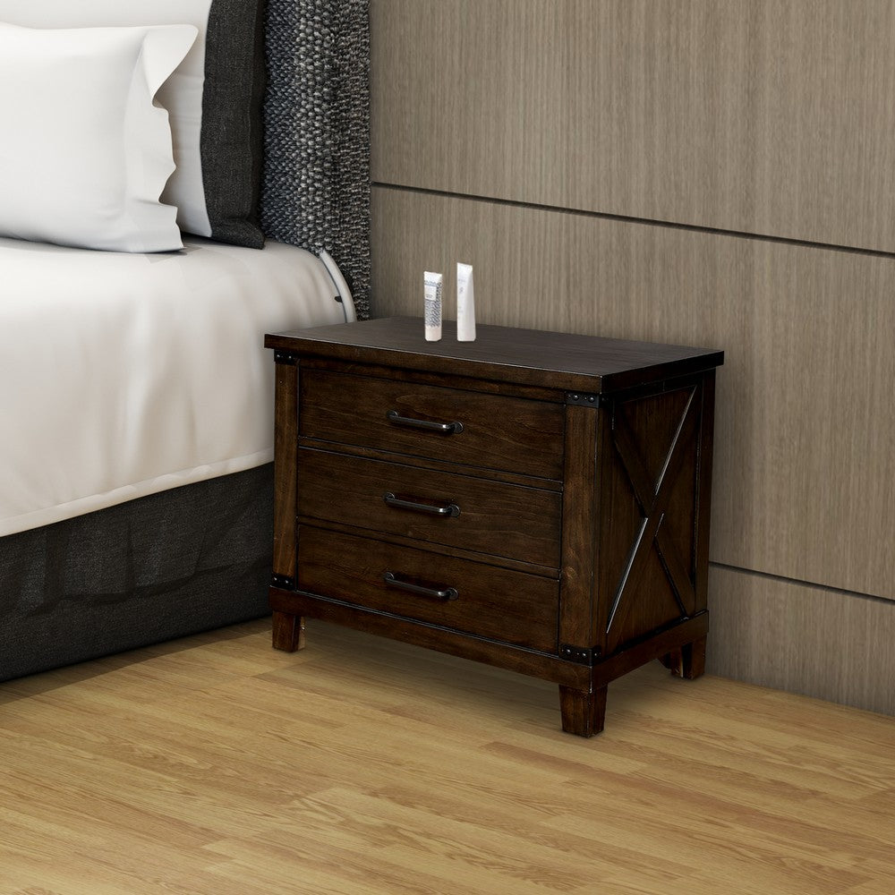 Three Drawer Nightstand with Metal Handle And Crossed Planked Side Panels, Brown - FOA-CM7734N
