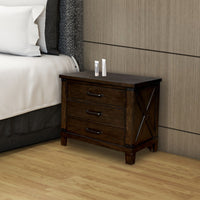 Three Drawer Nightstand with Metal Handle And Crossed Planked Side Panels, Brown - FOA-CM7734N