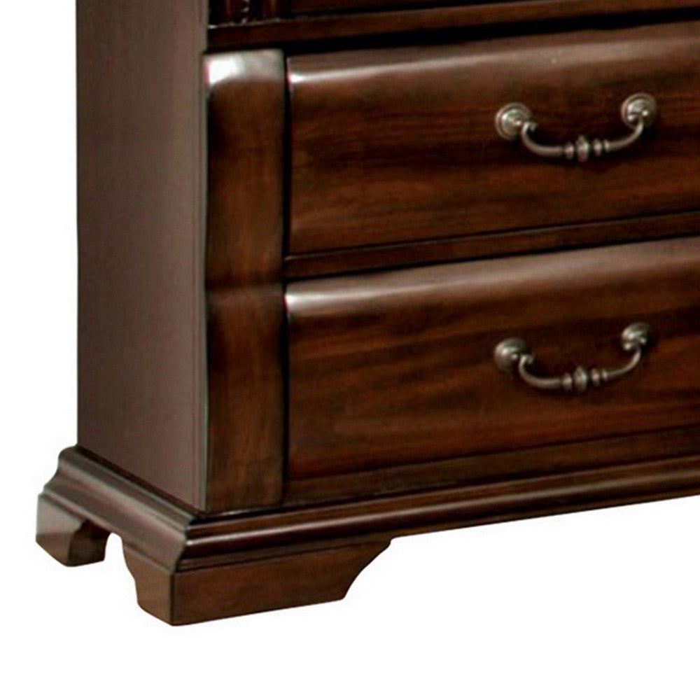 3 Drawer Wooden Nightstand with Metal Handles and Carved Details, Brown - BM123246