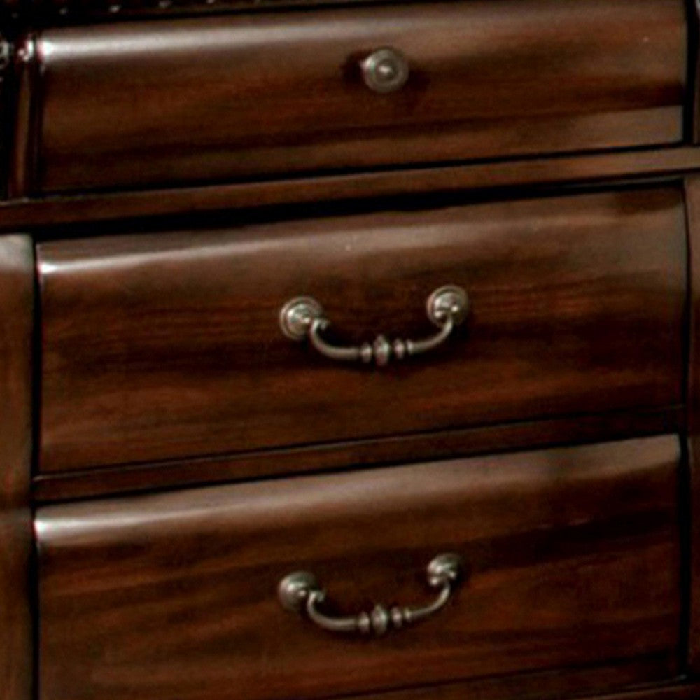3 Drawer Wooden Nightstand with Metal Handles and Carved Details, Brown - BM123246