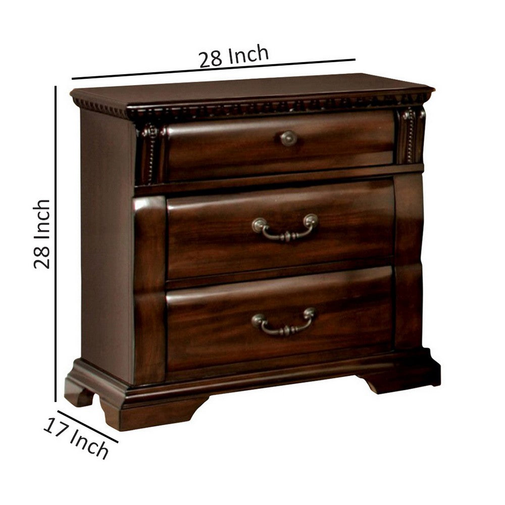 3 Drawer Wooden Nightstand with Metal Handles and Carved Details, Brown - BM123246