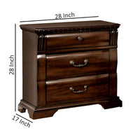 3 Drawer Wooden Nightstand with Metal Handles and Carved Details, Brown - BM123246