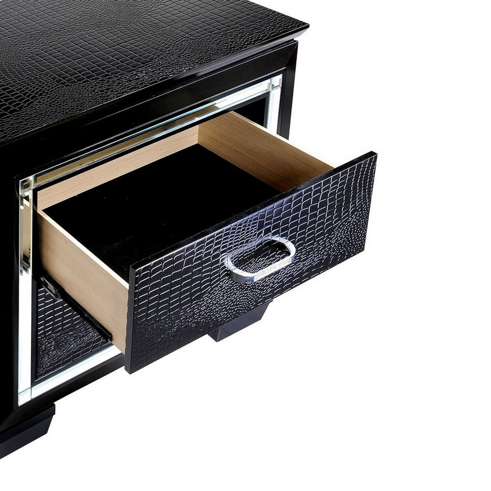 30 Inch Textured Nightstand, 2 Drawers, Mirror Trim, Black - FOA-CM7979BK-N