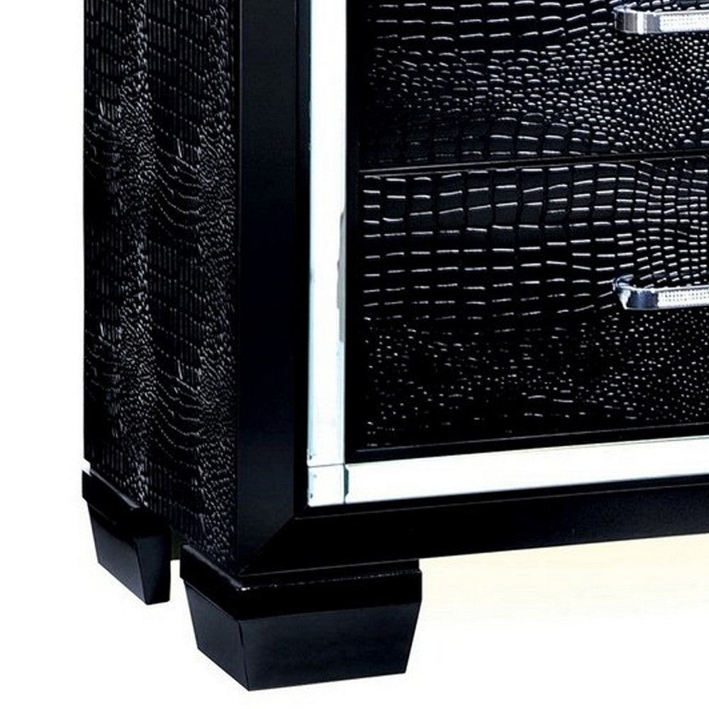30 Inch Textured Nightstand, 2 Drawers, Mirror Trim, Black - FOA-CM7979BK-N