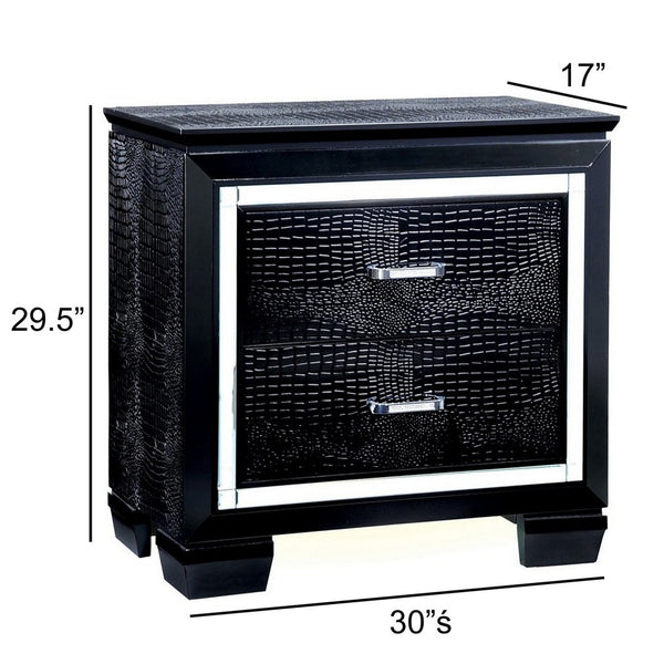 30 Inch Textured Nightstand, 2 Drawers, Mirror Trim, Black - FOA-CM7979BK-N