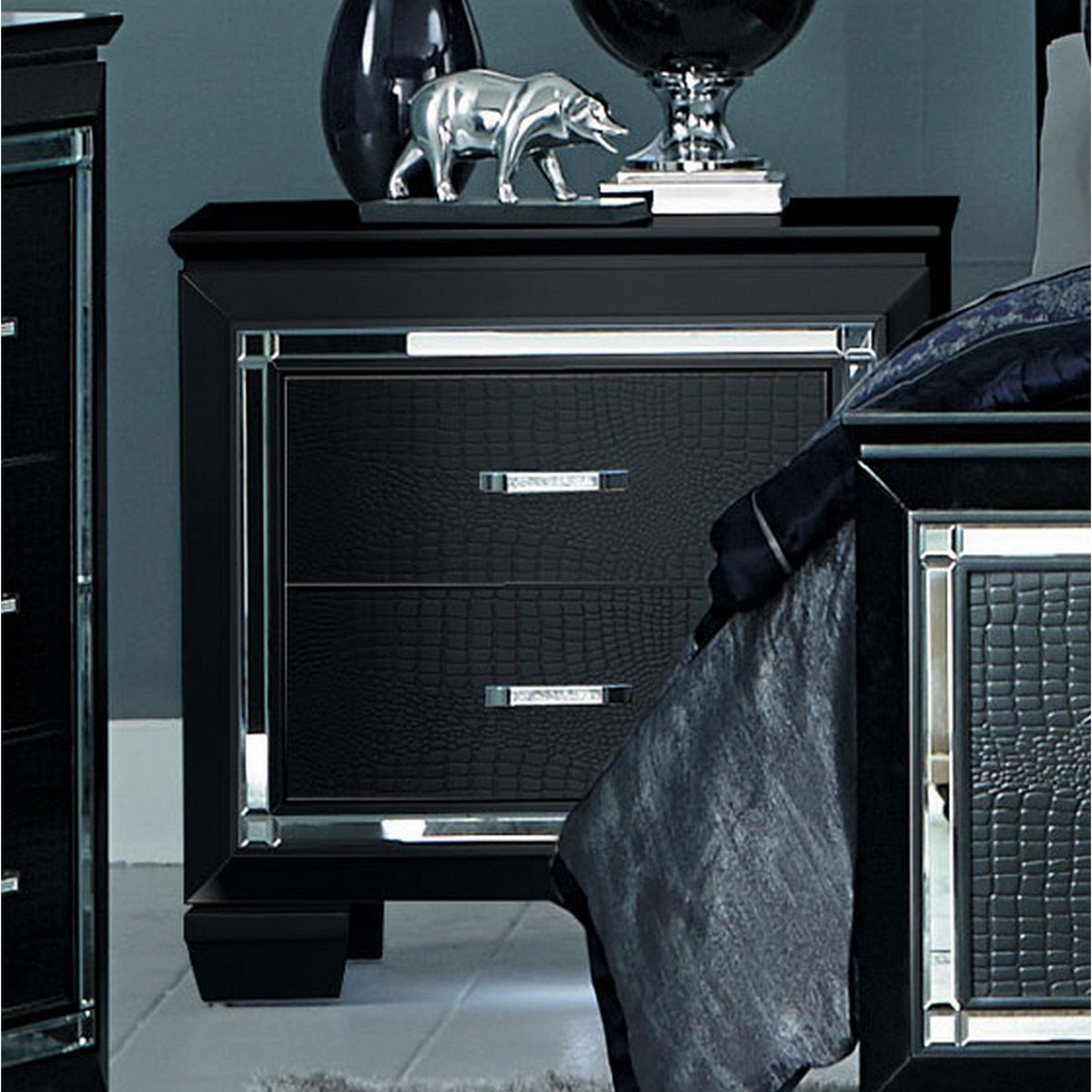 Mirror Accented Wooden Night Stand With 2 Drawer, Black - BM181877