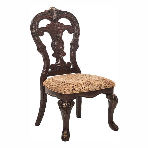 Wood Fabric Side Chair With Deep Engraved Design, Brown & Beige (Set of 2)