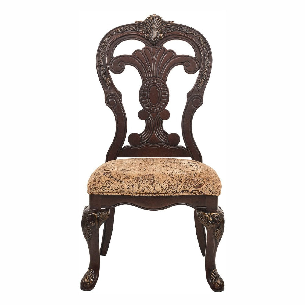 Wood Fabric Side Chair With Deep Engraved Design, Brown & Beige (Set of 2)