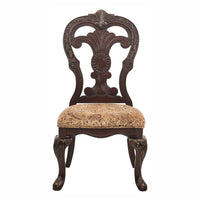 Wood Fabric Side Chair With Deep Engraved Design, Brown & Beige (Set of 2)