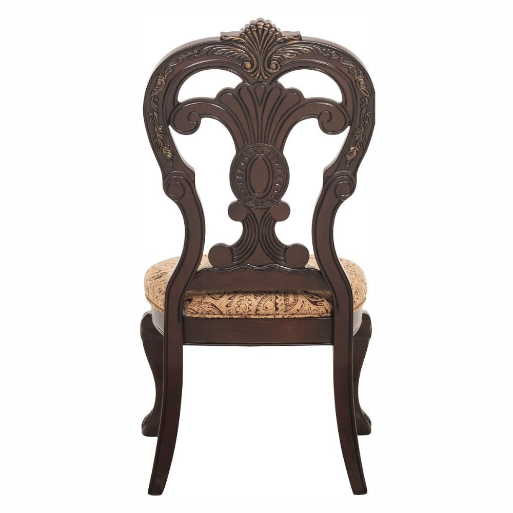 Wood Fabric Side Chair With Deep Engraved Design, Brown & Beige (Set of 2)