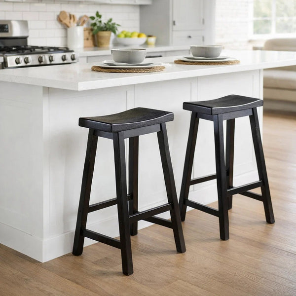 Wooden 29" Counter Height Stool with Saddle Seat, Black, Set Of 2 - BM175977