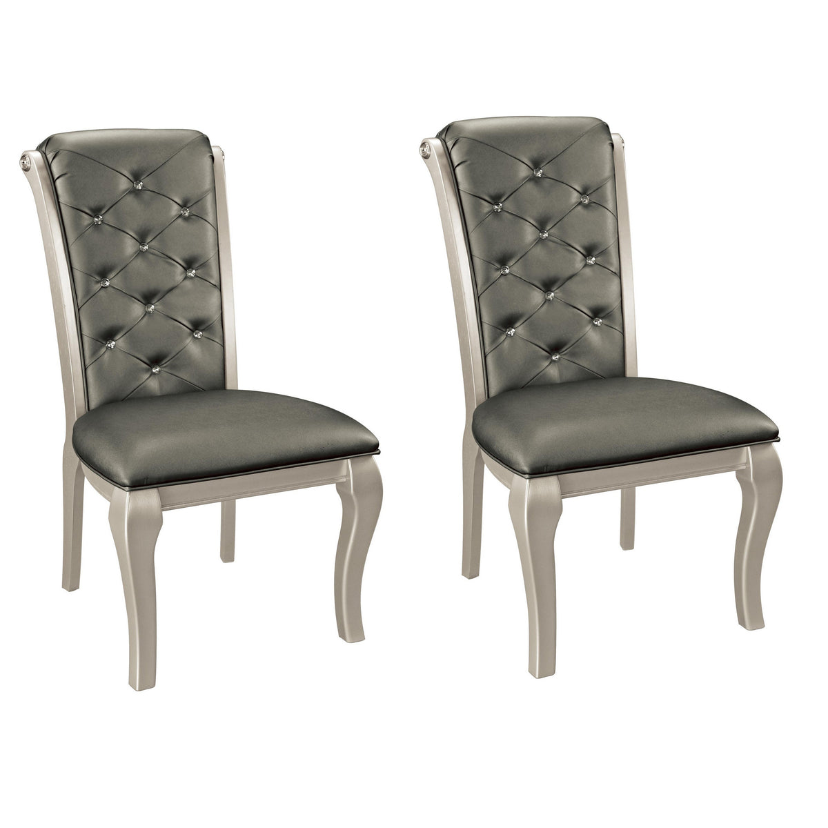 Side Chair With Crystal Button Tufted Back, Silver, Set of 2