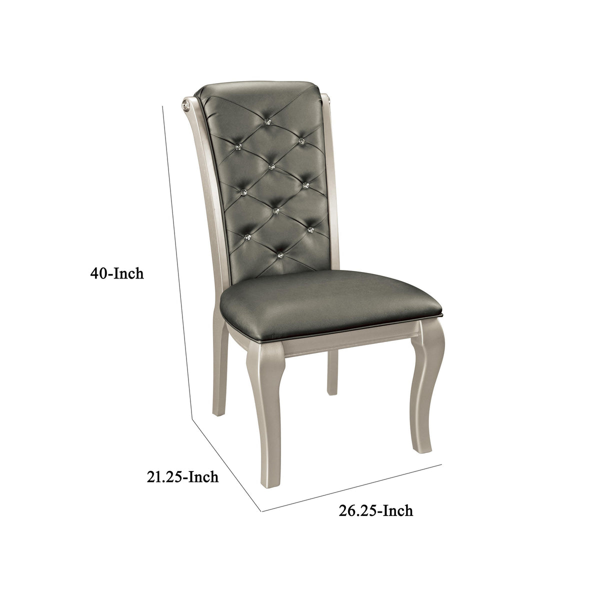 Side Chair With Crystal Button Tufted Back, Silver, Set of 2