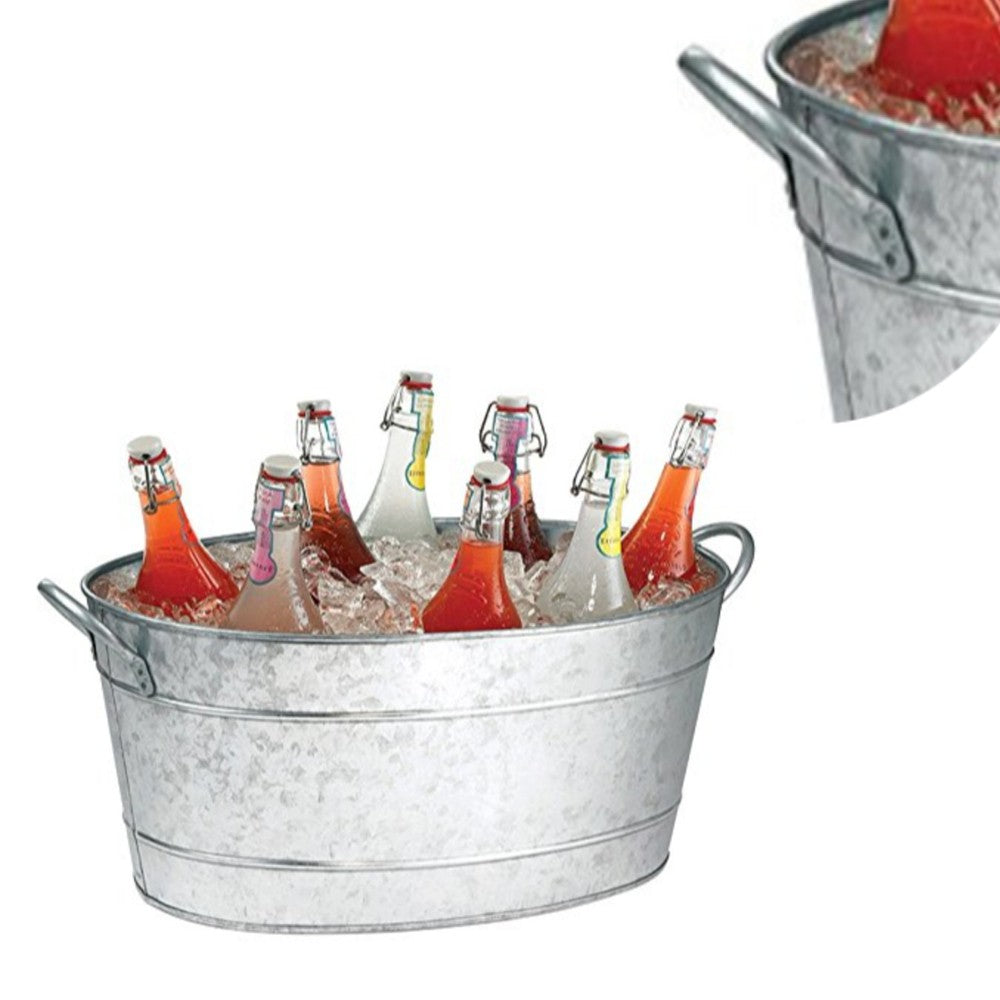 Lola 23 Inch Beverage Tub, Galvanized Antique Silver Steel, 2 Handles - BM166870