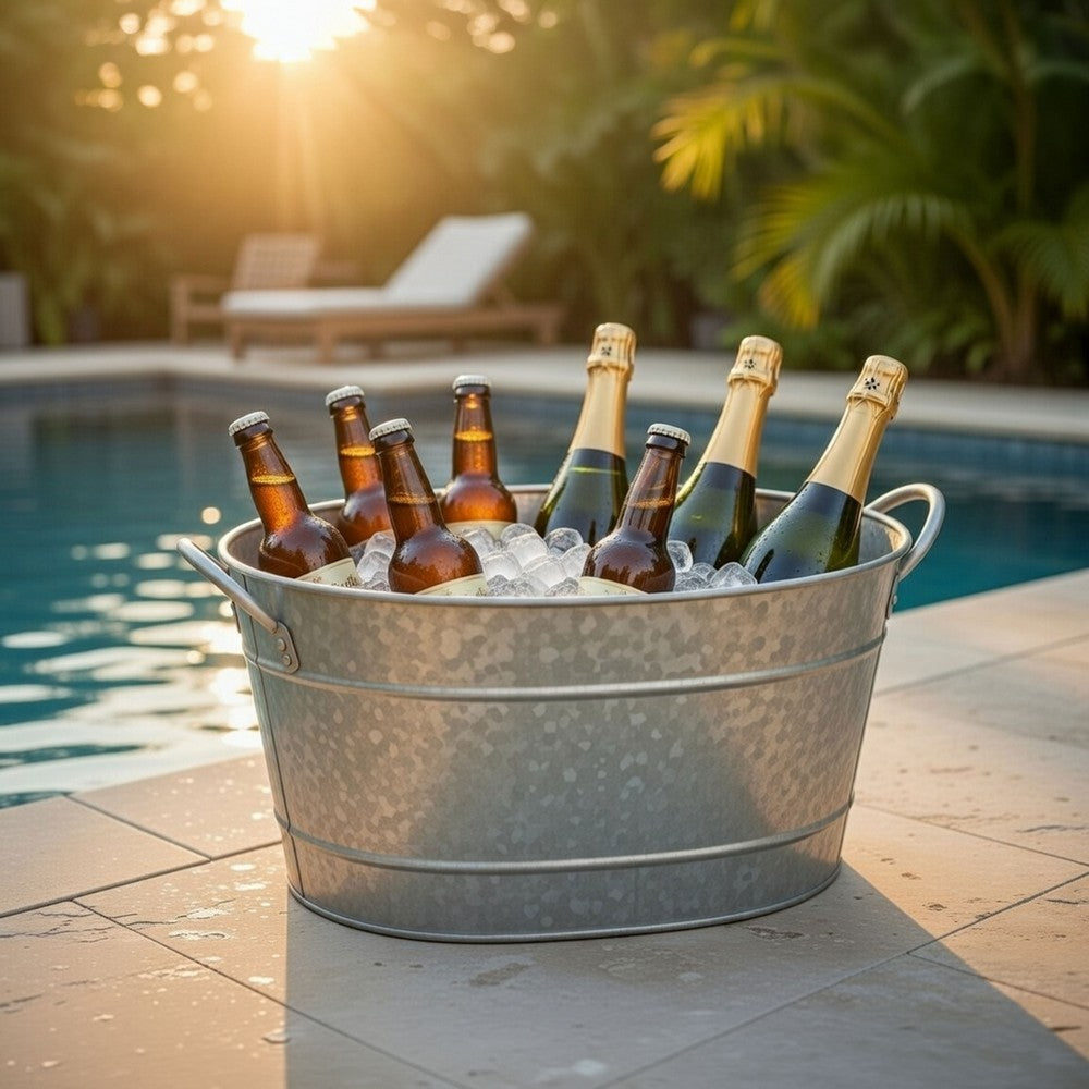 Lola 23 Inch Beverage Tub, Galvanized Antique Silver Steel, 2 Handles - BM166870