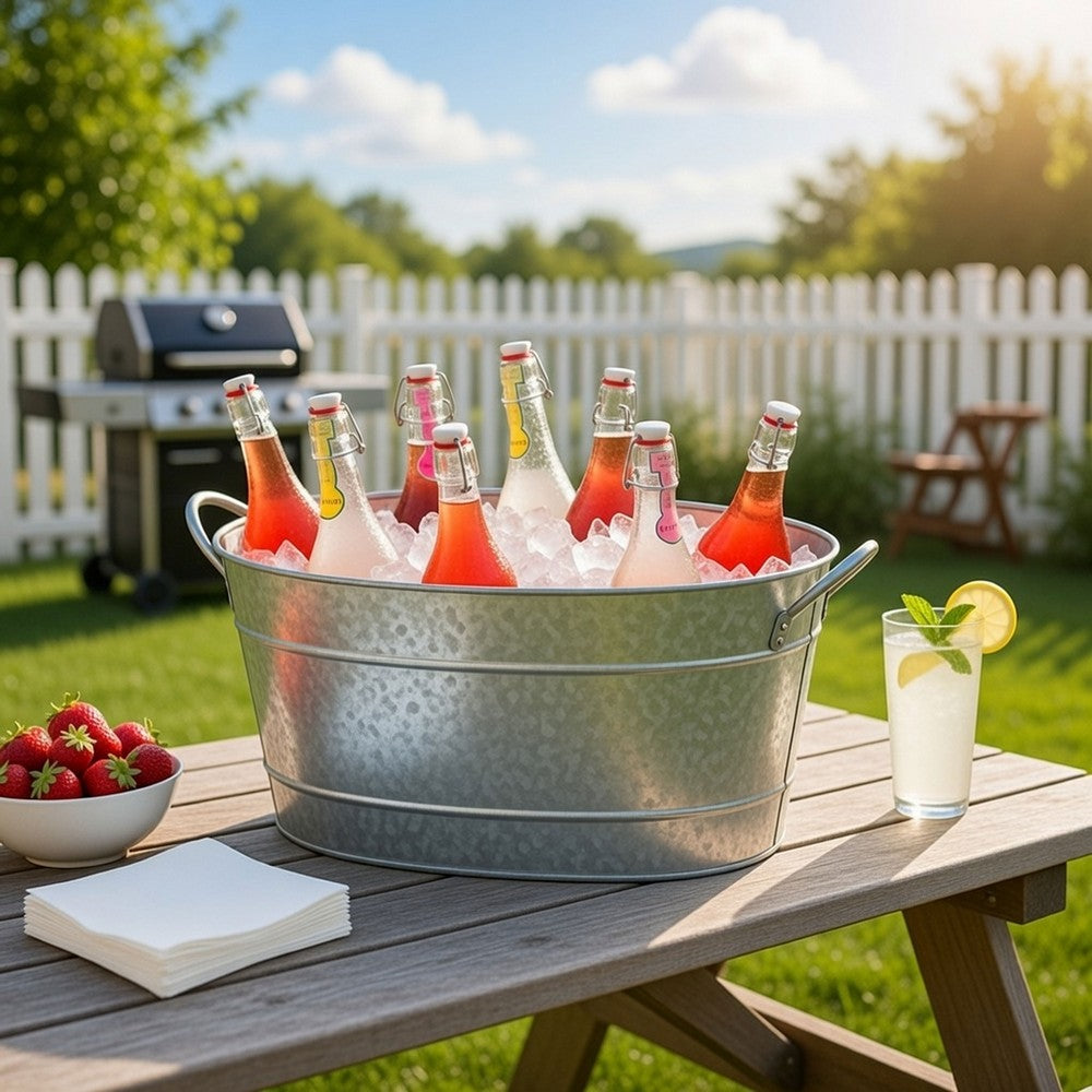Lola 23 Inch Beverage Tub, Galvanized Antique Silver Steel, 2 Handles - BM166870