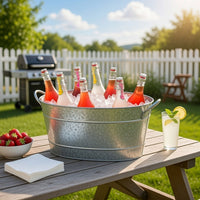 Lola 23 Inch Beverage Tub, Galvanized Antique Silver Steel, 2 Handles - BM166870