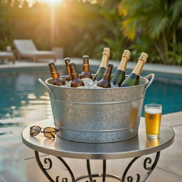 Lola 23 Inch Beverage Tub, Galvanized Antique Silver Steel, 2 Handles - BM166870