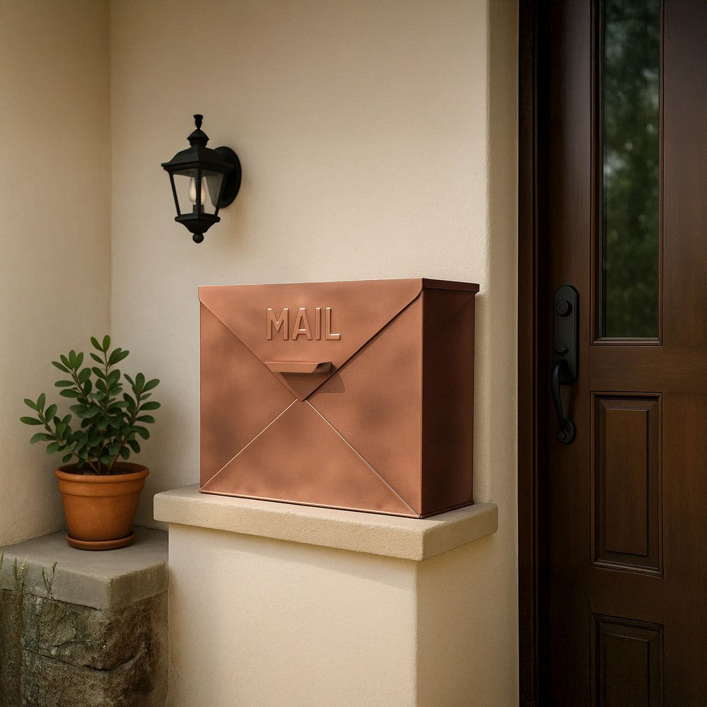 Buy Envelope Shaped Wall Mount Metal Mail Box, Copper – Benzara