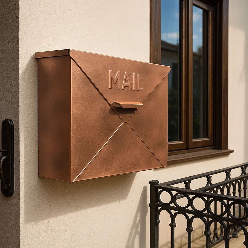 Envelope Shaped Wall Mount Metal Mail Box, Copper - BM15926