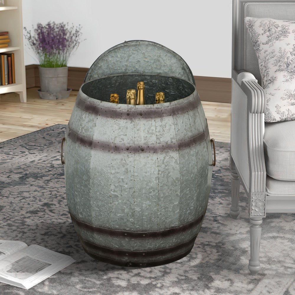 Barrel Drum Shape Storage Table with Removable Lid, Rustic Brown and Gray Metal - BM82436