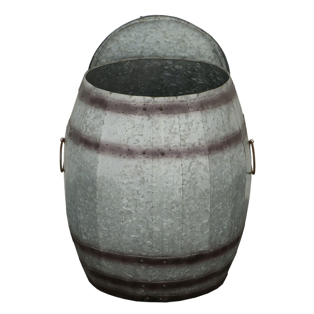 Barrel Drum Shape Storage Table with Removable Lid, Rustic Brown and Gray Metal - BM82436