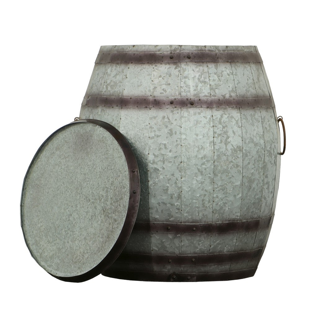 Barrel Drum Shape Storage Table with Removable Lid, Rustic Brown and Gray Metal - BM82436