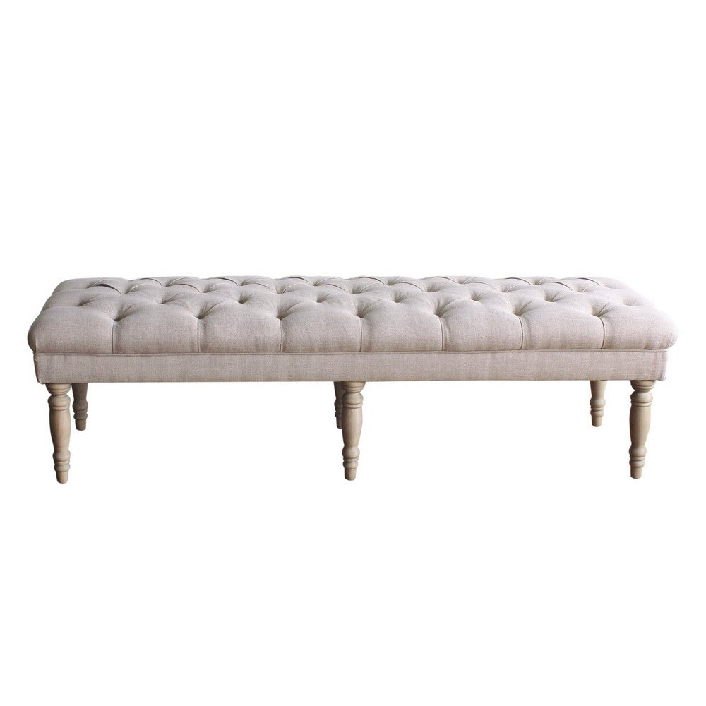 BM195186 - Wooden Bench with Button Tufted Fabric Upholstered Seat and Turned Legs, Cream