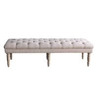 BM195186 - Wooden Bench with Button Tufted Fabric Upholstered Seat and Turned Legs, Cream