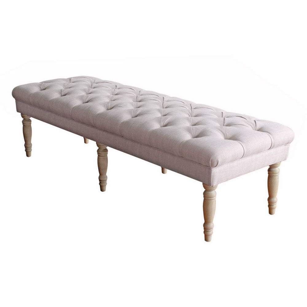 BM195186 - Wooden Bench with Button Tufted Fabric Upholstered Seat and Turned Legs, Cream