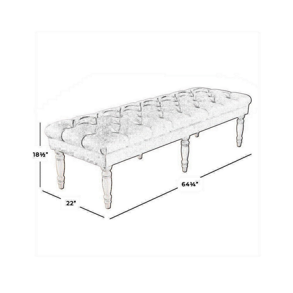 BM195186 - Wooden Bench with Button Tufted Fabric Upholstered Seat and Turned Legs, Cream