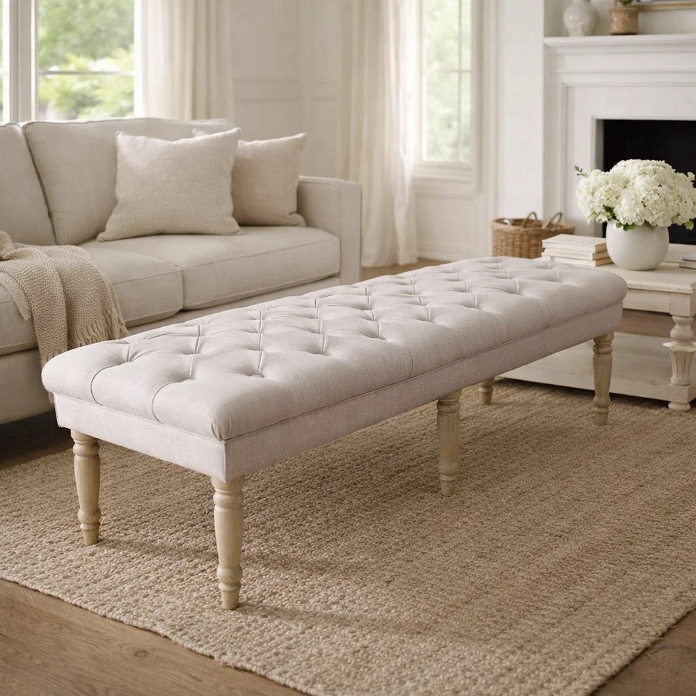 BM195186 - Wooden Bench with Button Tufted Fabric Upholstered Seat and Turned Legs, Cream