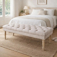 BM195186 - Wooden Bench with Button Tufted Fabric Upholstered Seat and Turned Legs, Cream