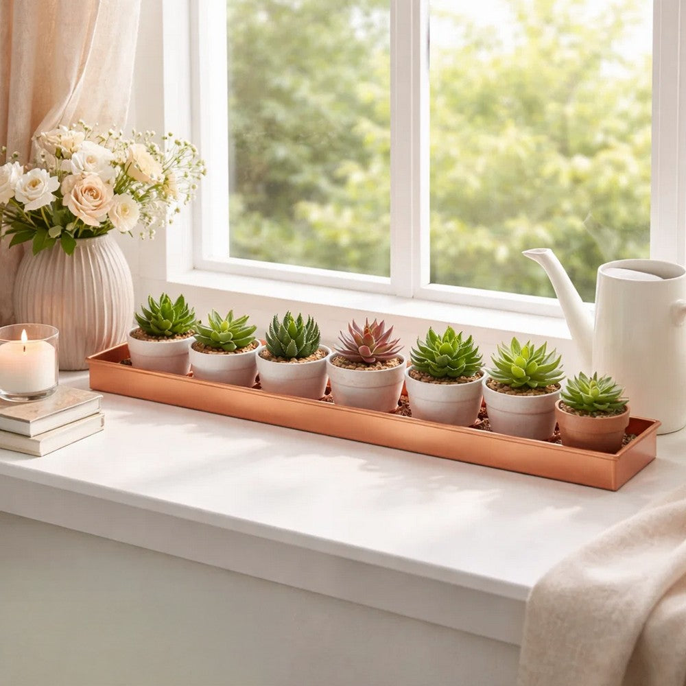 29 Inch Rectangular Metal Windowsill Planter Tray, Trim Edges, Large, Copper - BM195220