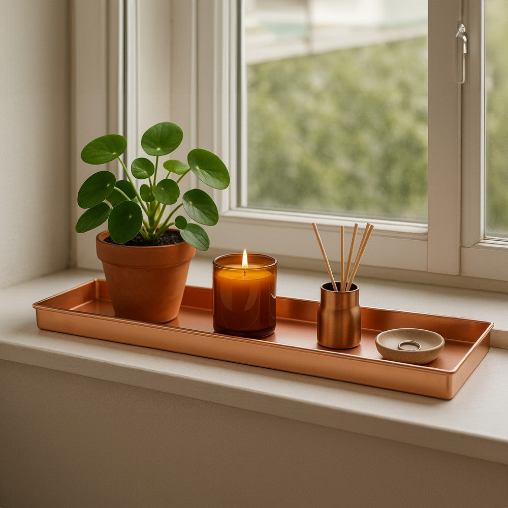 29 Inch Rectangular Metal Windowsill Planter Tray, Trim Edges, Large, Copper - BM195220