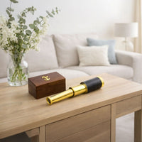 Small Brass Telescope with Pullout Wooden Box, Gold and Brown - BM34758