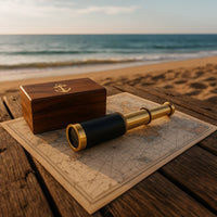 Small Brass Telescope with Pullout Wooden Box, Gold and Brown - BM34758