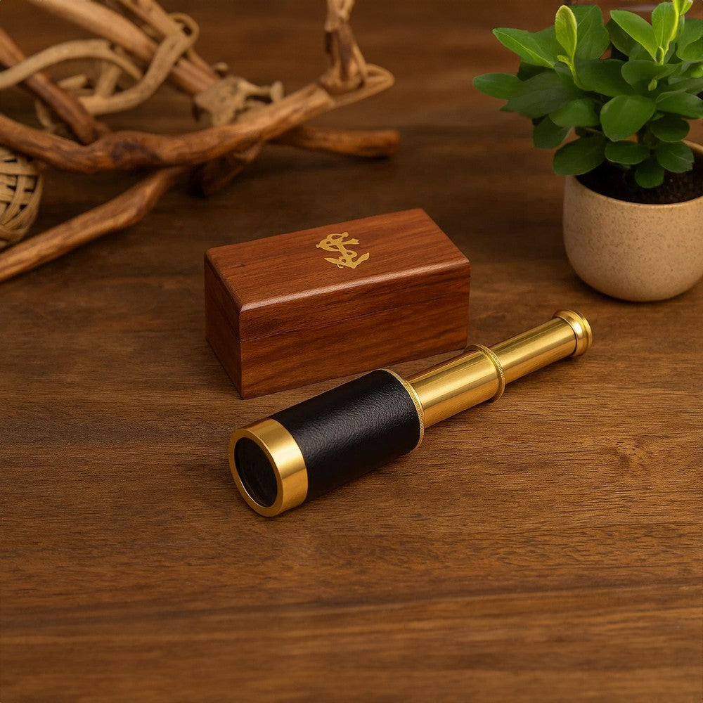 Small Brass Telescope with Pullout Wooden Box, Gold and Brown - BM34758