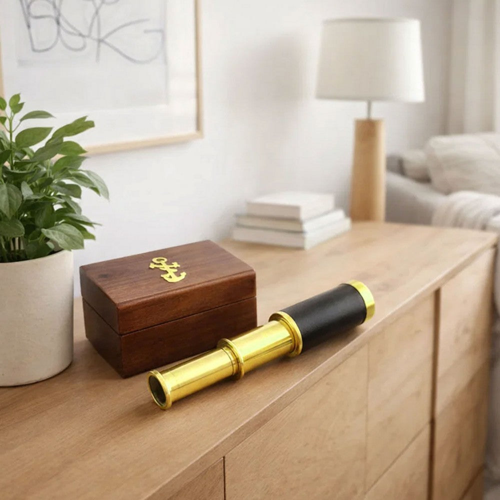 Small Brass Telescope with Pullout Wooden Box, Gold and Brown - BM34758