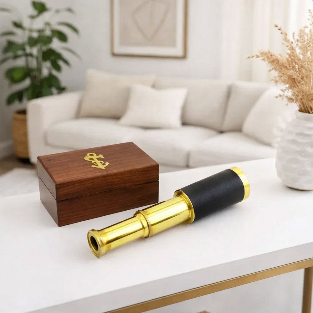 Small Brass Telescope with Pullout Wooden Box, Gold and Brown - BM34758