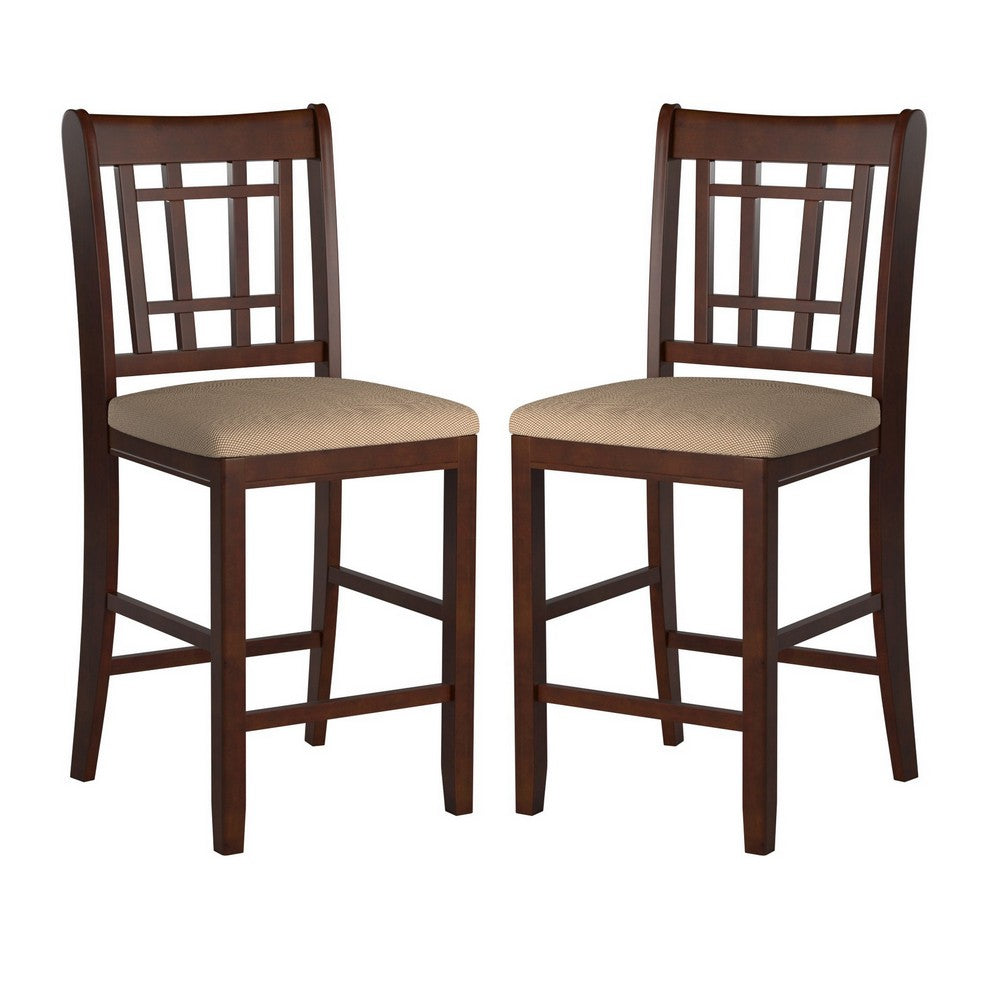 Wooden Counter Height Chair, Dark Brown & Cream, Set of 2 - PDX-F1205
